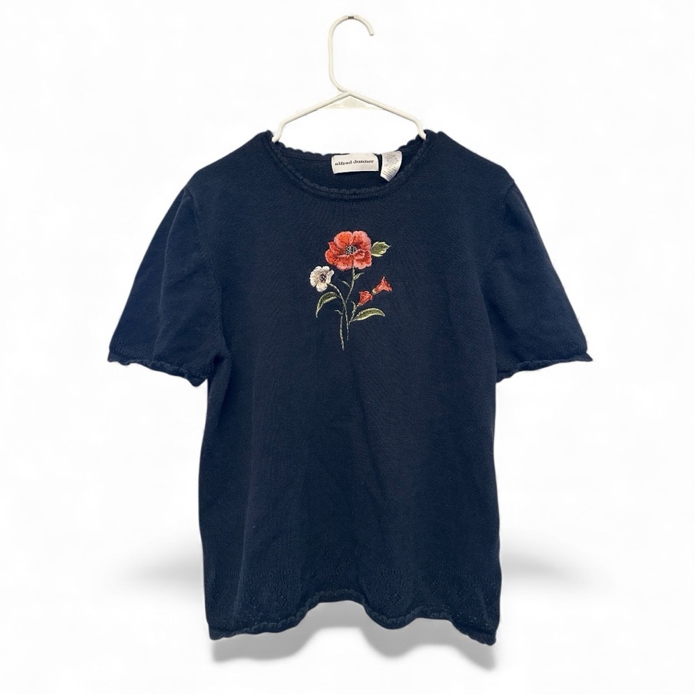 Vintage Y2K Era Alfred Dunner Dark Blue Knit Top with Floral Design Size Large
